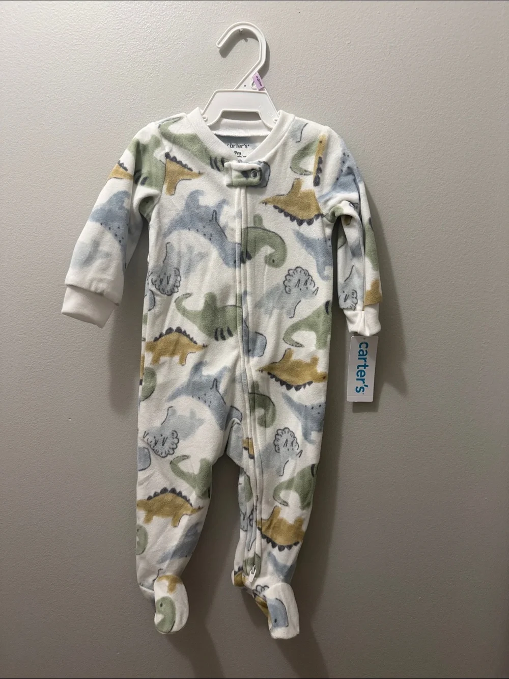 Carter's White Fleece Dino Footed One-Piece with Green, Blue & Tan